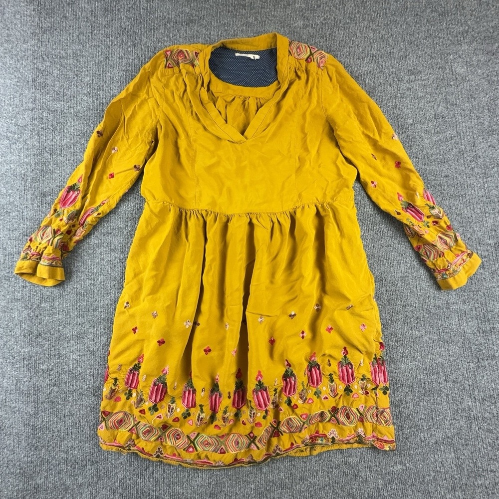 Floreat Dress Womens Medium Yellow Geometric Embroidered Boho Flare Long Sleeve